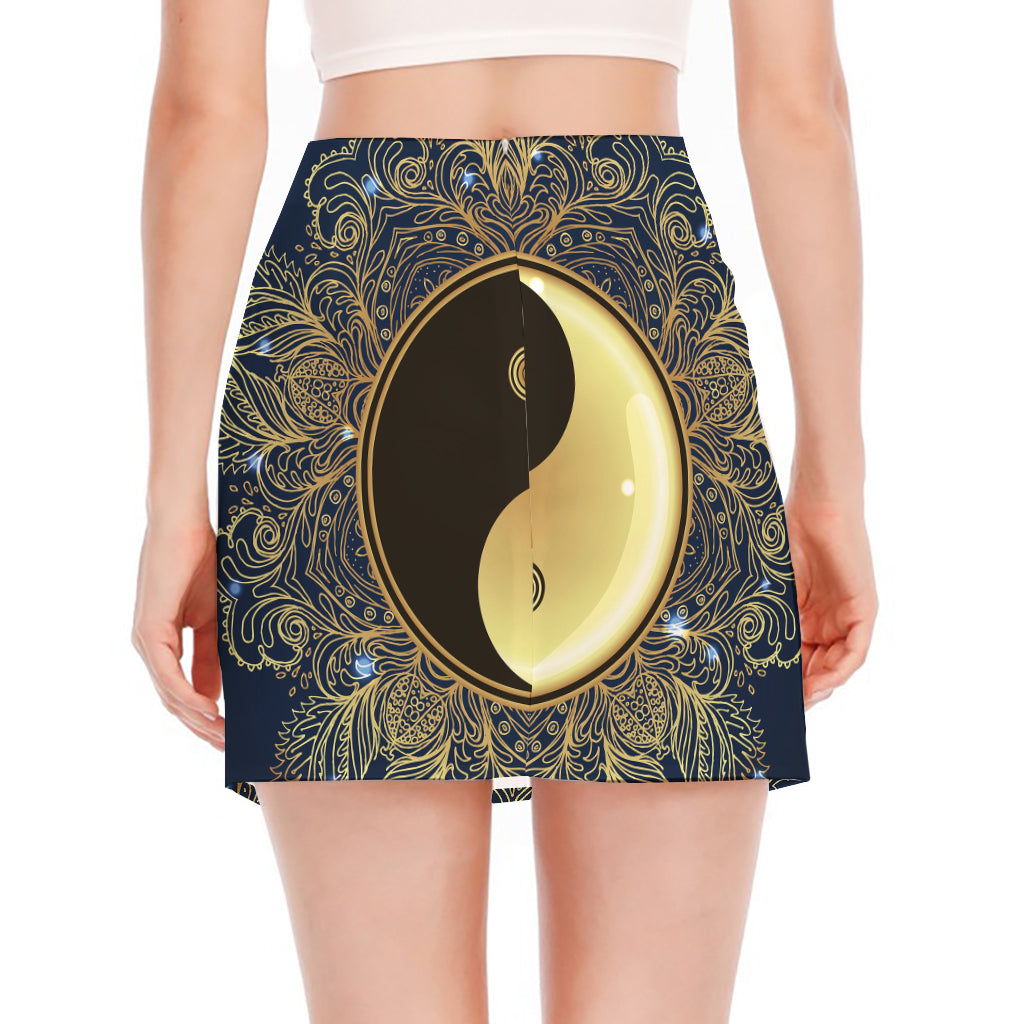 Gold Yin Yang Mandala Print Side Slit Mini Skirt