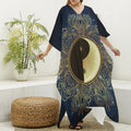 Gold Yin Yang Mandala Print Silk V-Neck Kaftan Dress