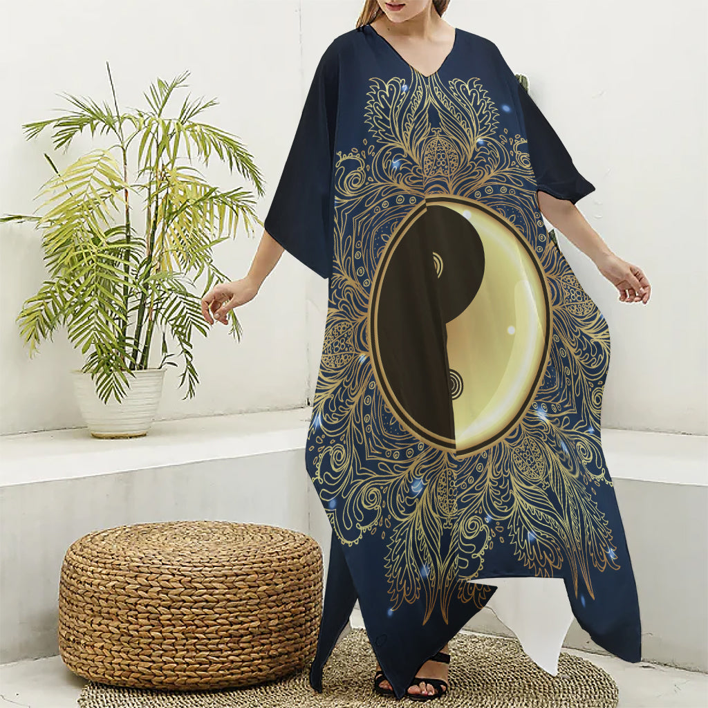 Gold Yin Yang Mandala Print Silk V-Neck Kaftan Dress