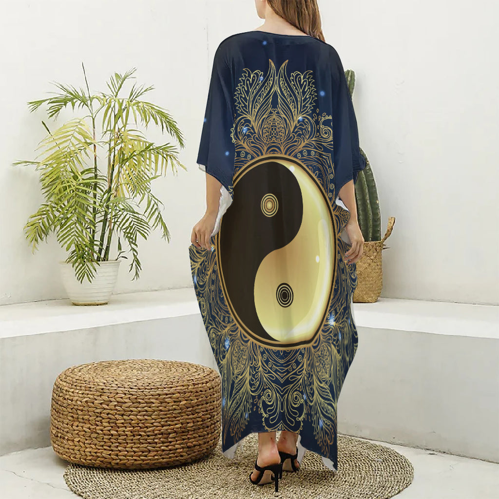 Gold Yin Yang Mandala Print Silk V-Neck Kaftan Dress