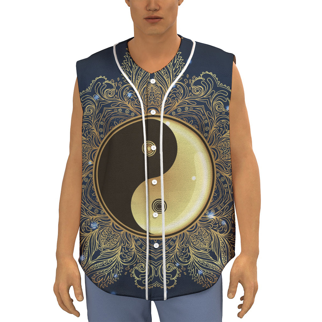 Gold Yin Yang Mandala Print Sleeveless Baseball Jersey