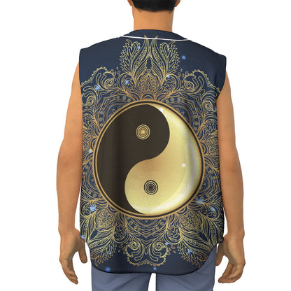 Gold Yin Yang Mandala Print Sleeveless Baseball Jersey