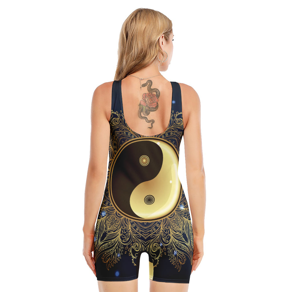 Gold Yin Yang Mandala Print Sleeveless One Piece Swimsuit