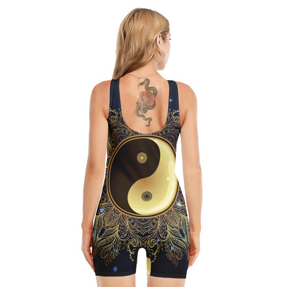 Gold Yin Yang Mandala Print Sleeveless One Piece Swimsuit