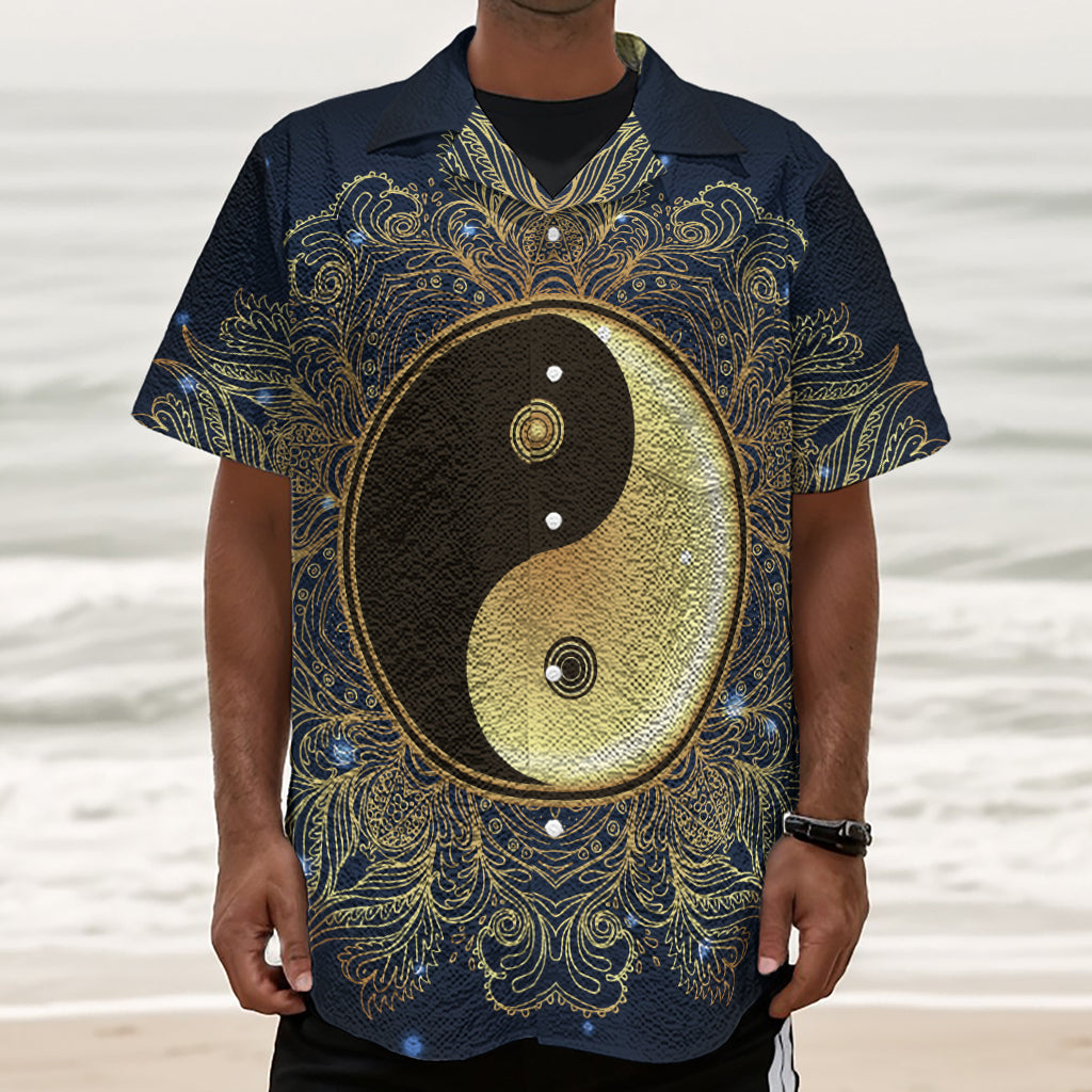 Gold Yin Yang Mandala Print Textured Short Sleeve Shirt