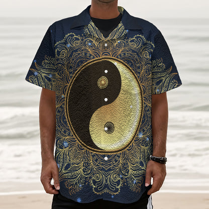 Gold Yin Yang Mandala Print Textured Short Sleeve Shirt