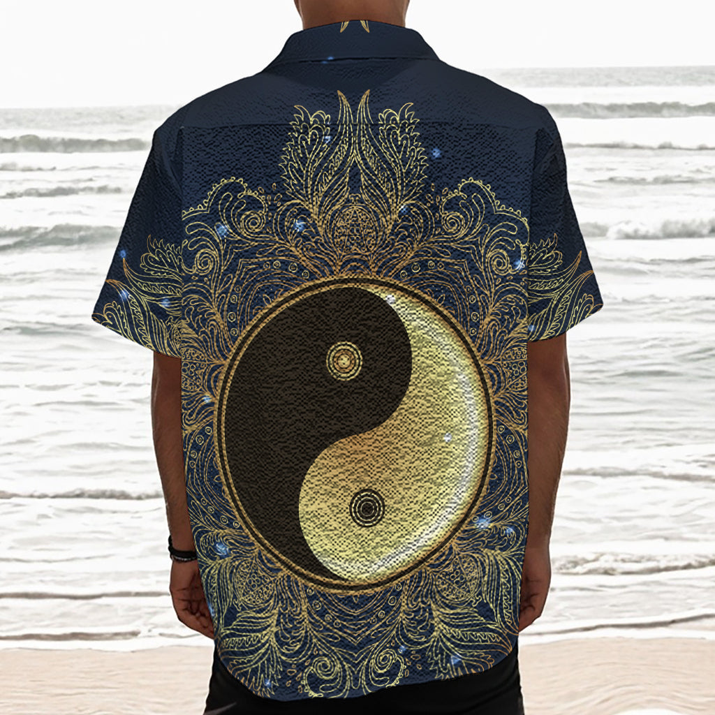 Gold Yin Yang Mandala Print Textured Short Sleeve Shirt
