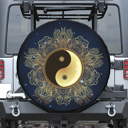 Gold Yin Yang Mandala Print Tire Cover