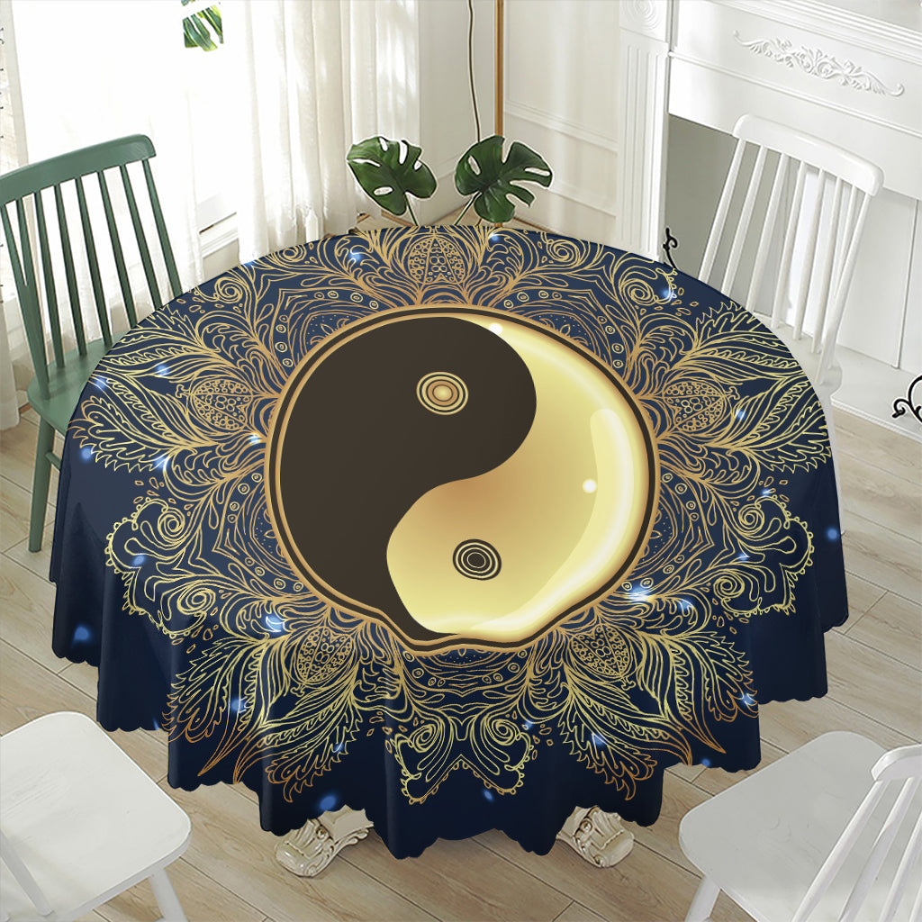 Gold Yin Yang Mandala Print Waterproof Round Tablecloth