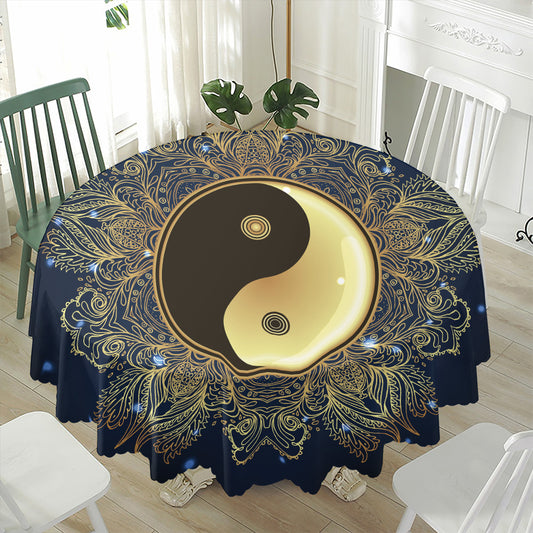 Gold Yin Yang Mandala Print Waterproof Round Tablecloth