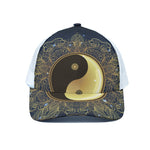 Gold Yin Yang Mandala Print White Mesh Trucker Cap
