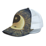 Gold Yin Yang Mandala Print White Mesh Trucker Cap