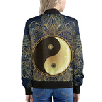 Gold Yin Yang Mandala Print Women's Bomber Jacket