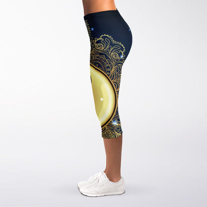 Gold Yin Yang Mandala Print Women's Capri Leggings