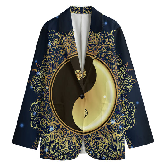 Gold Yin Yang Mandala Print Women's Cotton Blazer