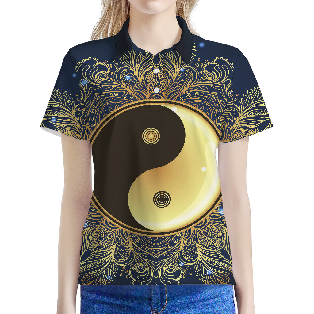 Gold Yin Yang Mandala Print Women's Polo Shirt