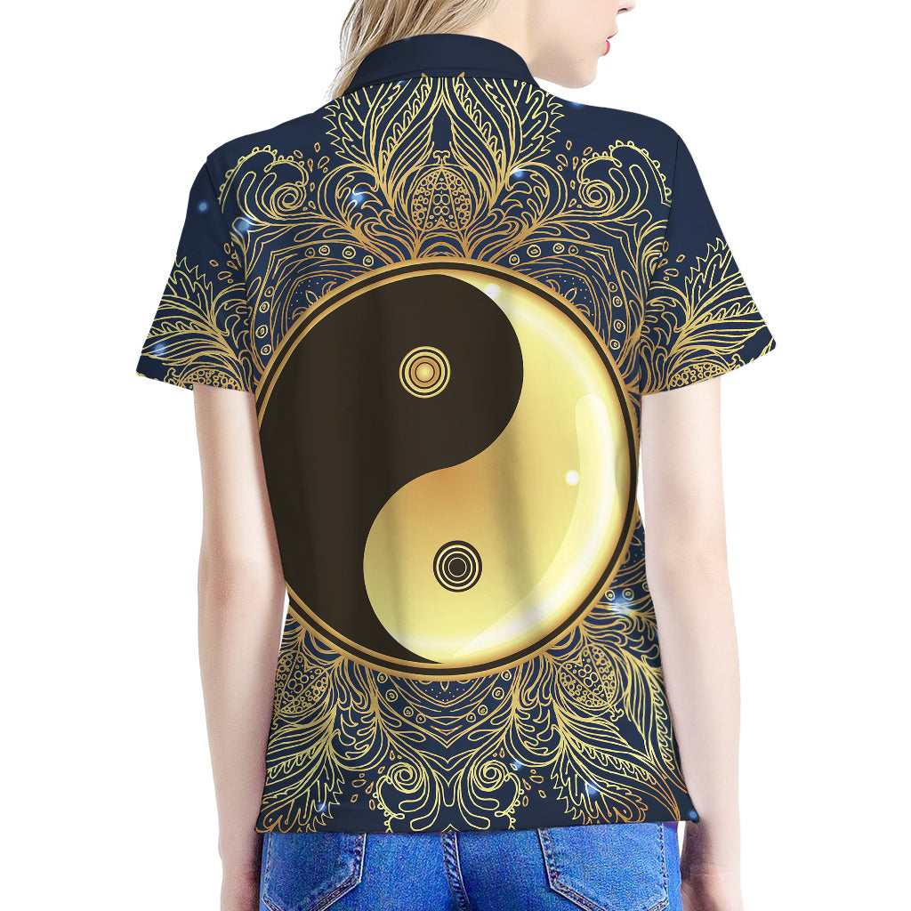 Gold Yin Yang Mandala Print Women's Polo Shirt