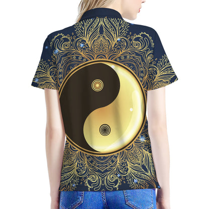 Gold Yin Yang Mandala Print Women's Polo Shirt