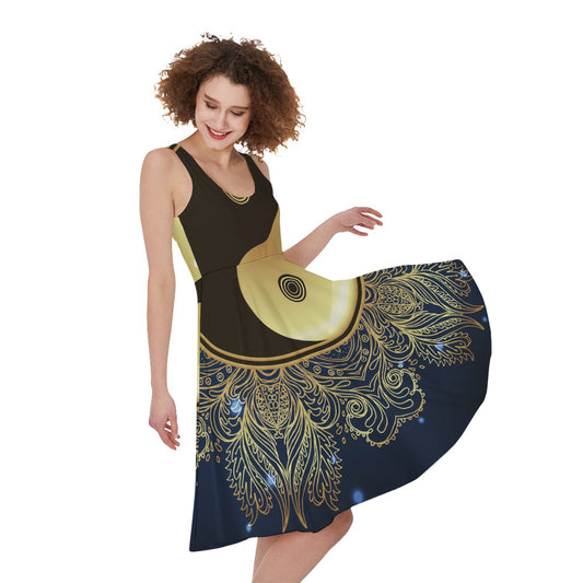 Gold Yin Yang Mandala Print Women's Sleeveless Dress