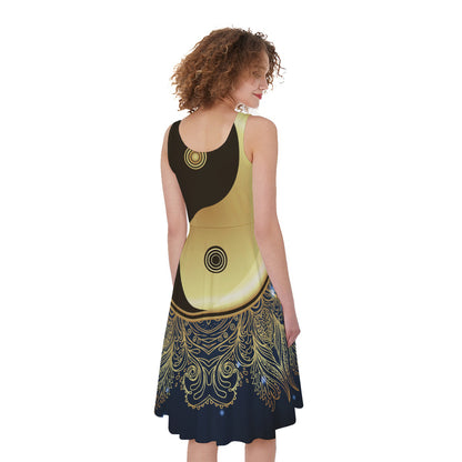 Gold Yin Yang Mandala Print Women's Sleeveless Dress