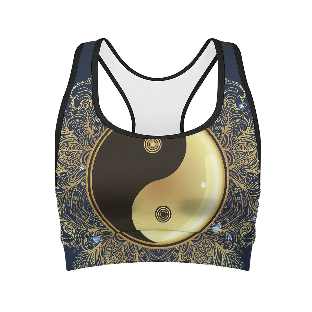 Gold Yin Yang Mandala Print Women's Sports Bra