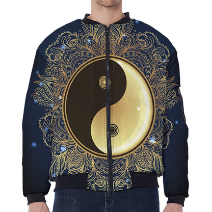 Gold Yin Yang Mandala Print Zip Sleeve Bomber Jacket