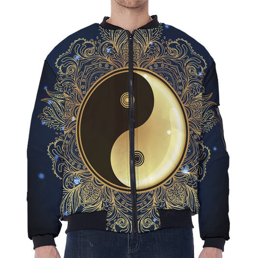Gold Yin Yang Mandala Print Zip Sleeve Bomber Jacket