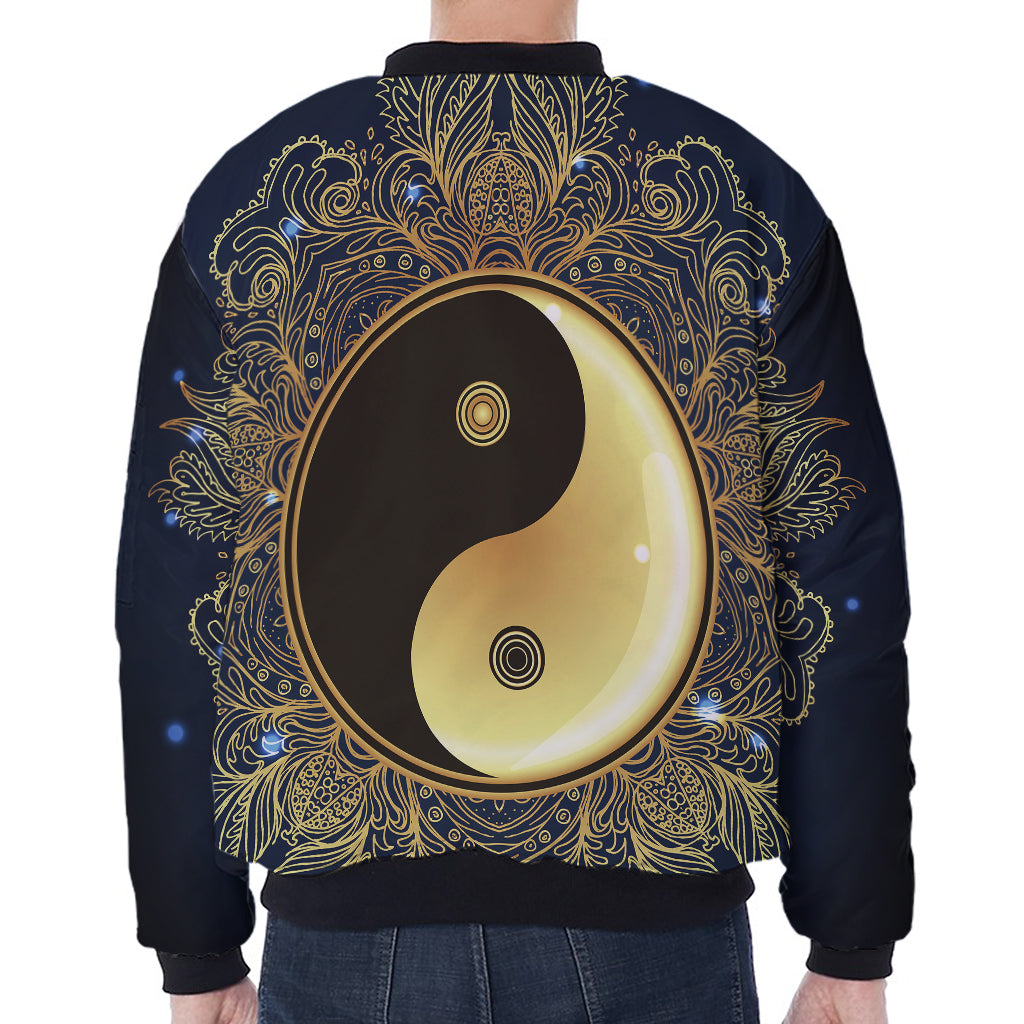 Gold Yin Yang Mandala Print Zip Sleeve Bomber Jacket