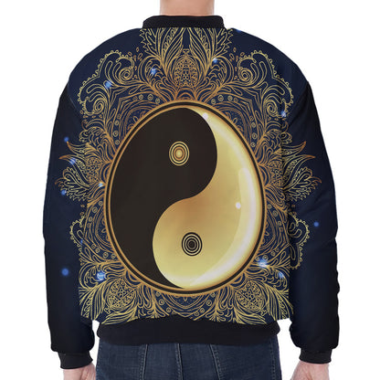 Gold Yin Yang Mandala Print Zip Sleeve Bomber Jacket