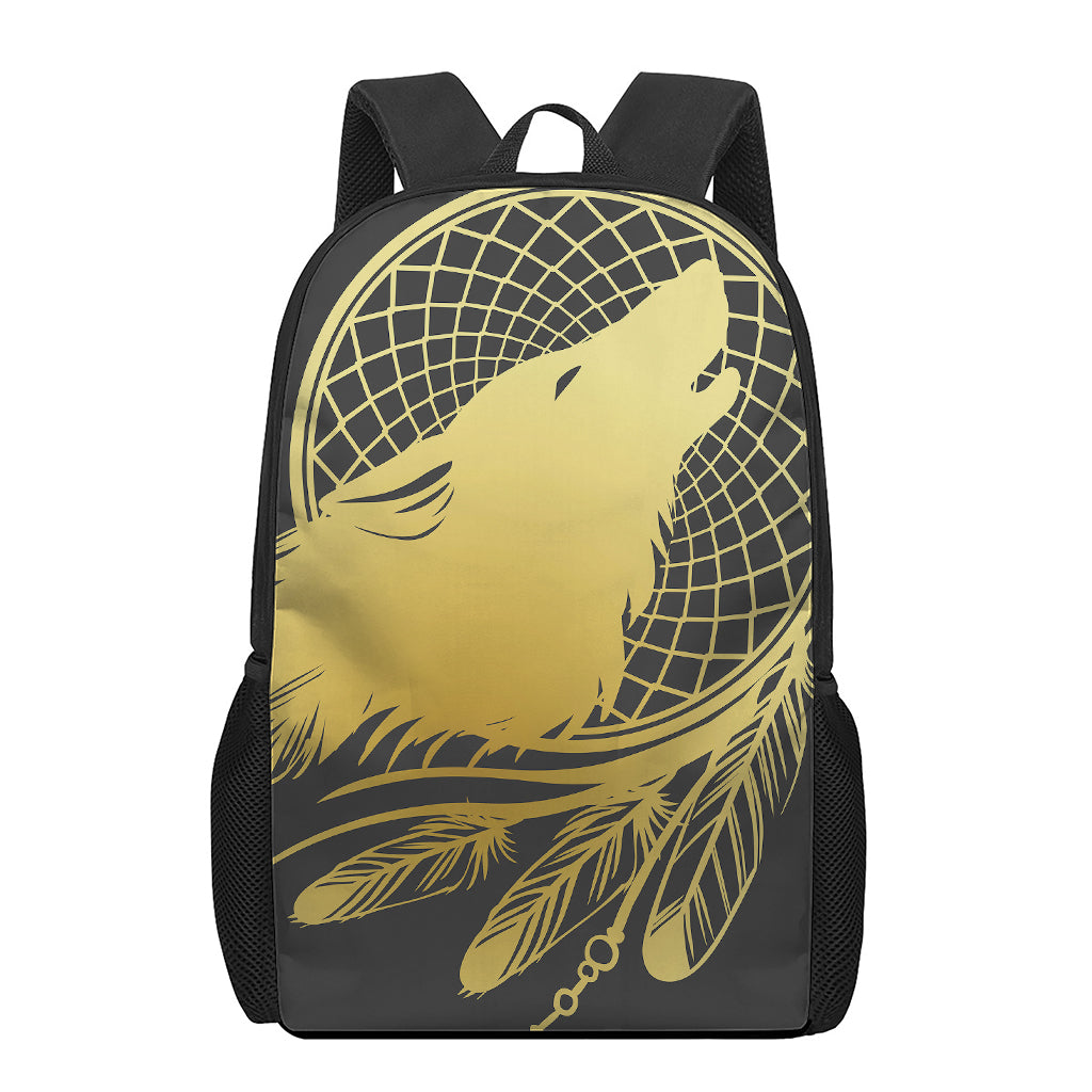 Golden Bohemian Howling Wolf Print 17 Inch Backpack