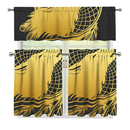 Golden Bohemian Howling Wolf Print 3 Piece Kitchen Curtains