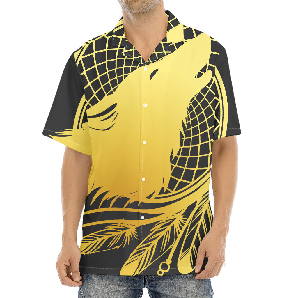 Golden Bohemian Howling Wolf Print Aloha Shirt