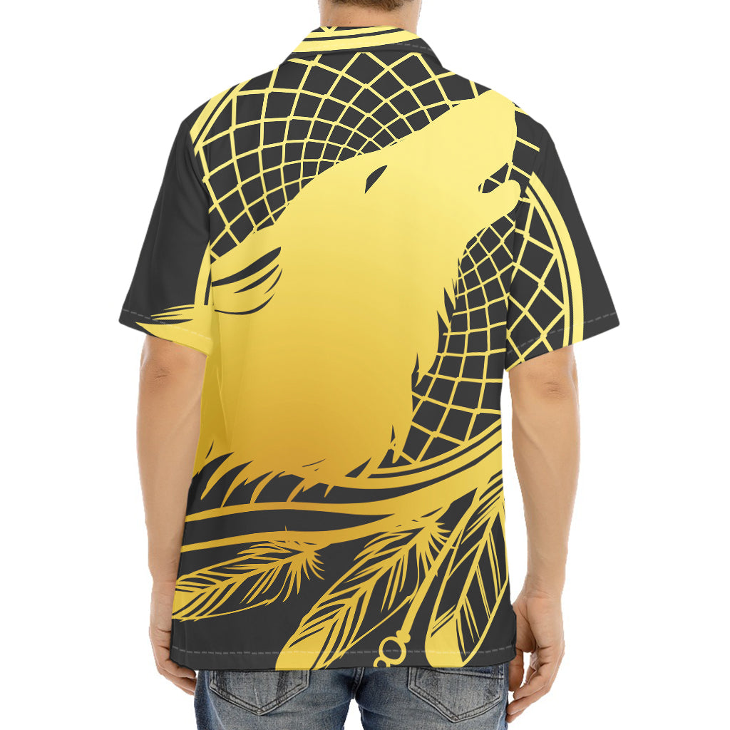 Golden Bohemian Howling Wolf Print Aloha Shirt