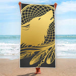 Golden Bohemian Howling Wolf Print Beach Towel