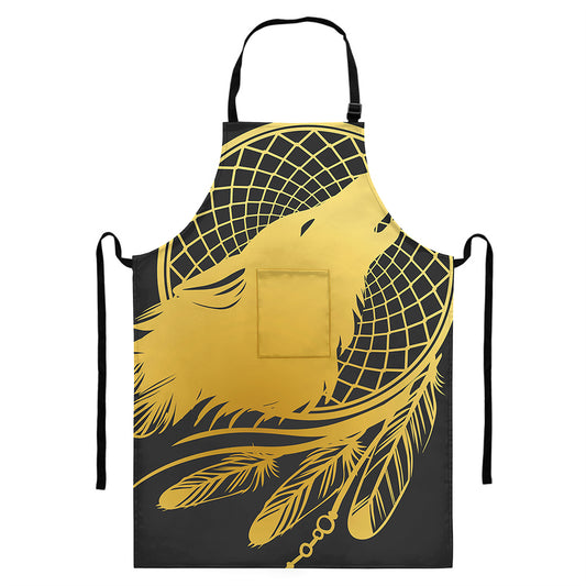 Golden Bohemian Howling Wolf Print Bib Apron With Pocket
