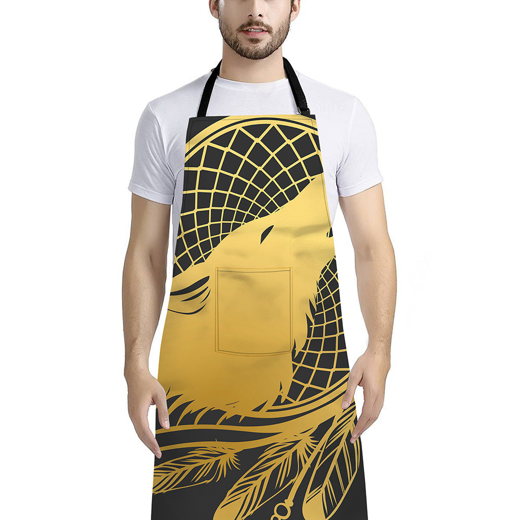 Golden Bohemian Howling Wolf Print Bib Apron With Pocket