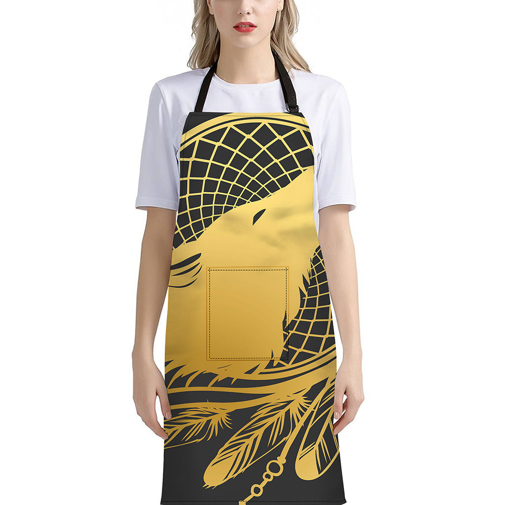 Golden Bohemian Howling Wolf Print Bib Apron With Pocket