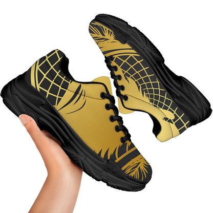 Golden Bohemian Howling Wolf Print Black Chunky Shoes
