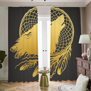 Golden Bohemian Howling Wolf Print Blackout Pencil Pleat Curtains