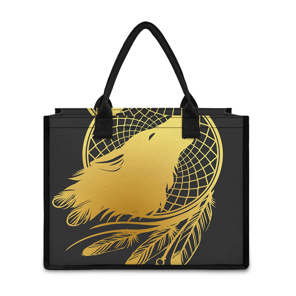 Golden Bohemian Howling Wolf Print Canvas Tote Bag