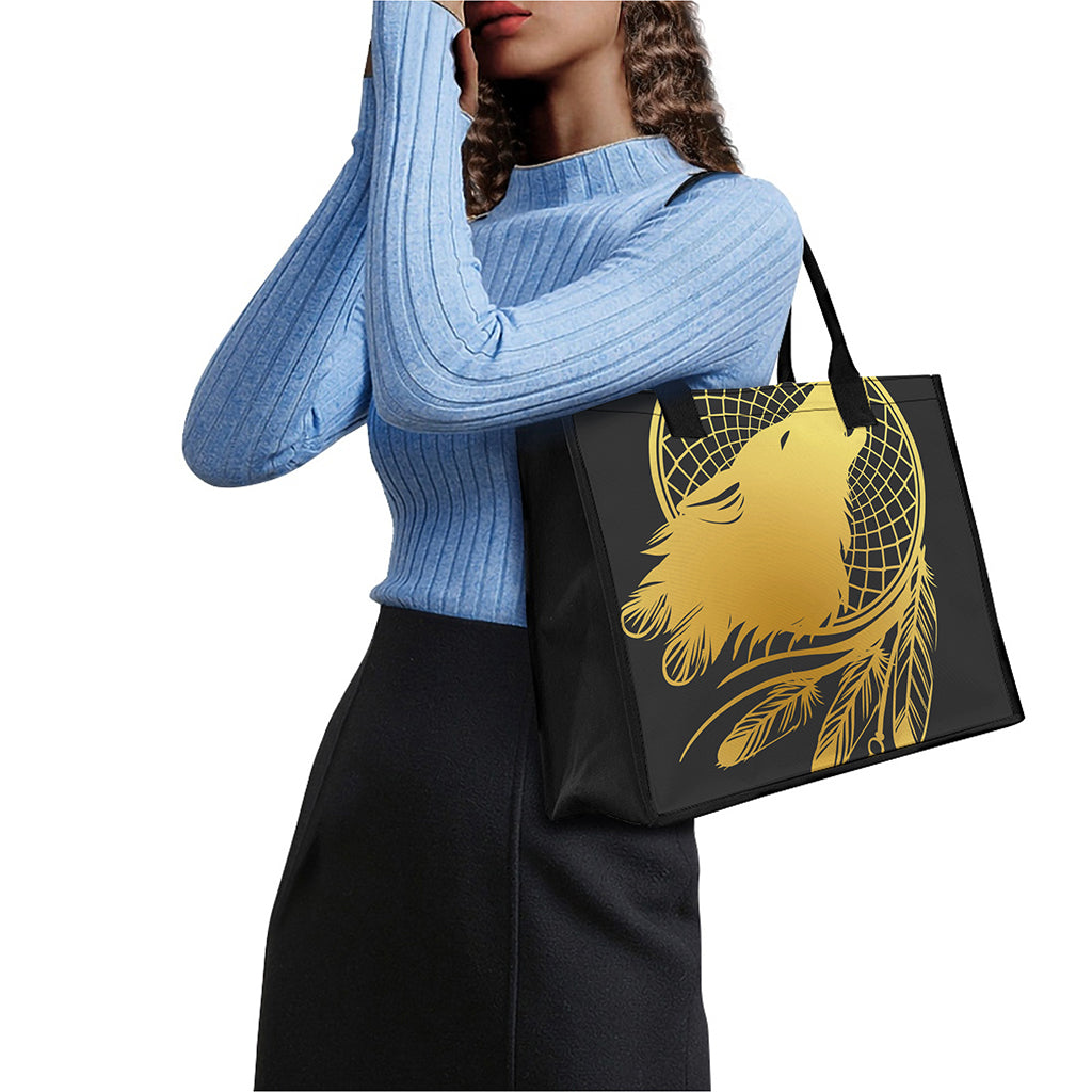 Golden Bohemian Howling Wolf Print Canvas Tote Bag
