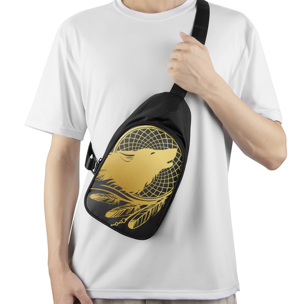 Golden Bohemian Howling Wolf Print Chest Bag