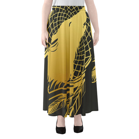 Golden Bohemian Howling Wolf Print Chiffon Maxi Skirt