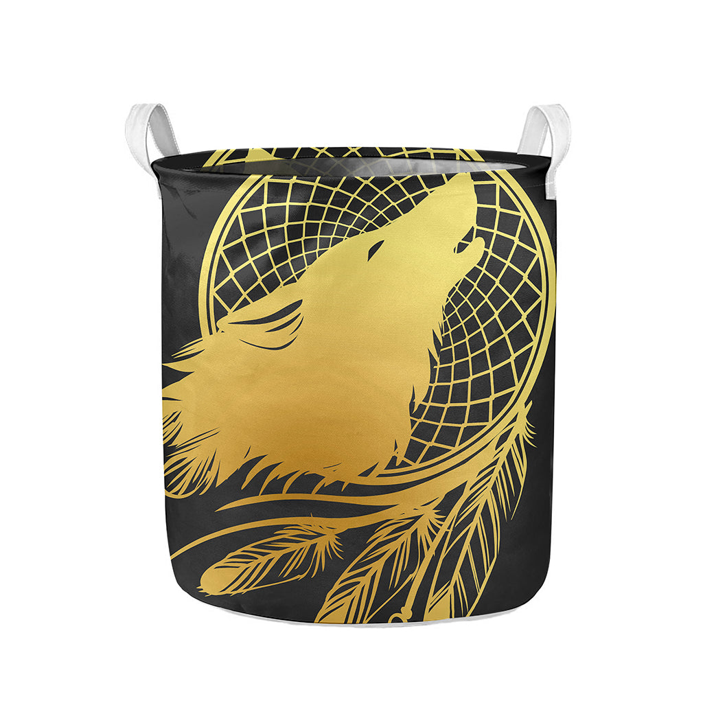 Golden Bohemian Howling Wolf Print Collapsible Laundry Basket