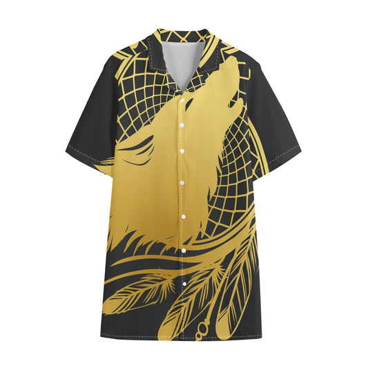 Golden Bohemian Howling Wolf Print Cotton Hawaiian Shirt
