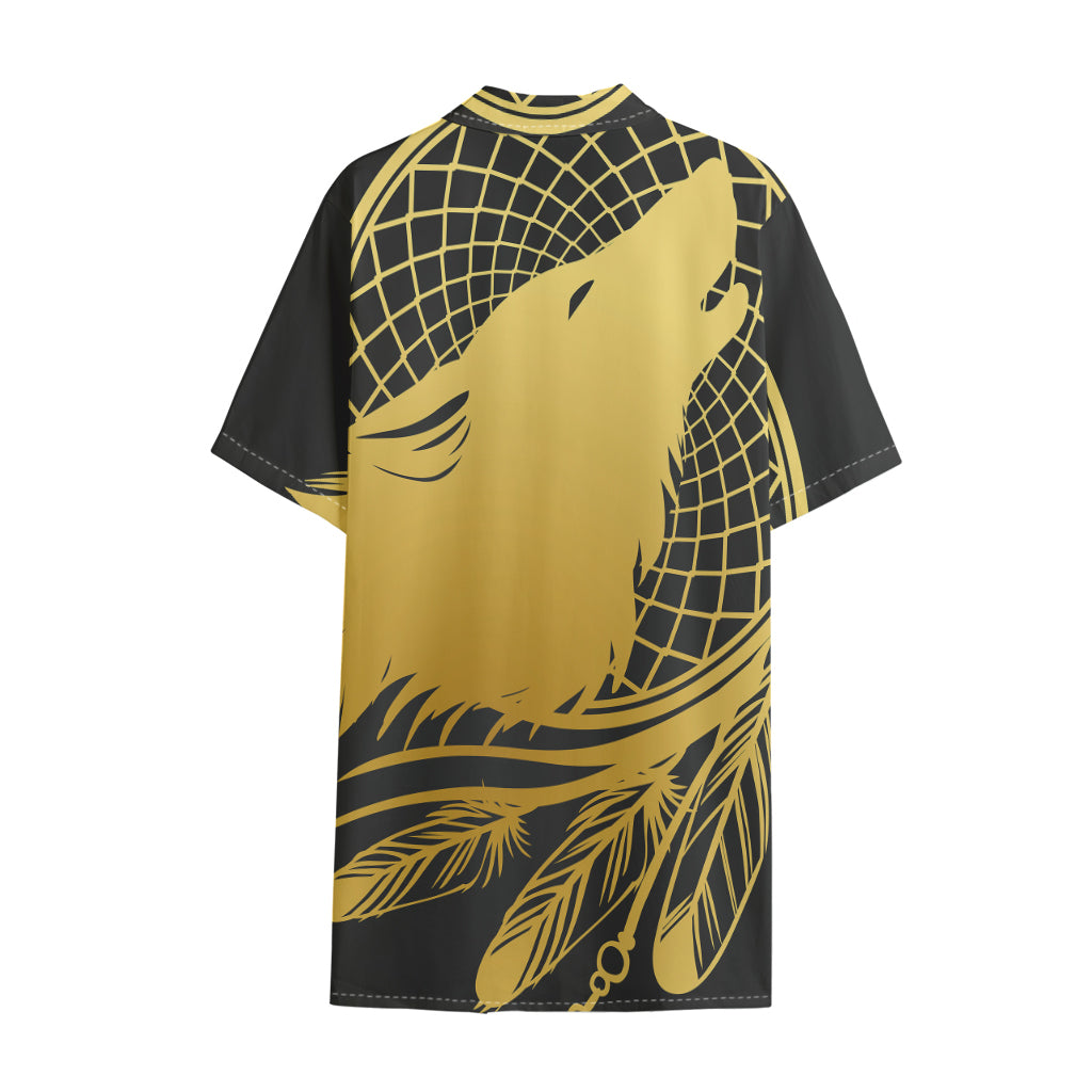 Golden Bohemian Howling Wolf Print Cotton Hawaiian Shirt