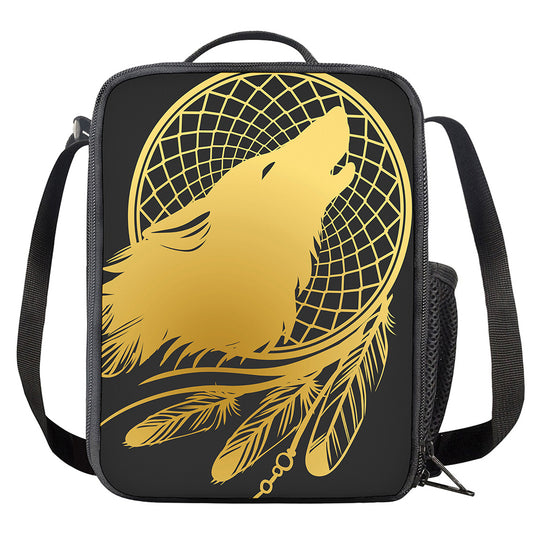 Golden Bohemian Howling Wolf Print Crossbody Lunch Bag