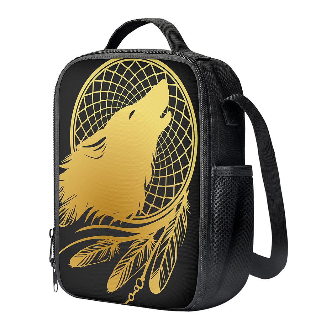 Golden Bohemian Howling Wolf Print Crossbody Lunch Bag