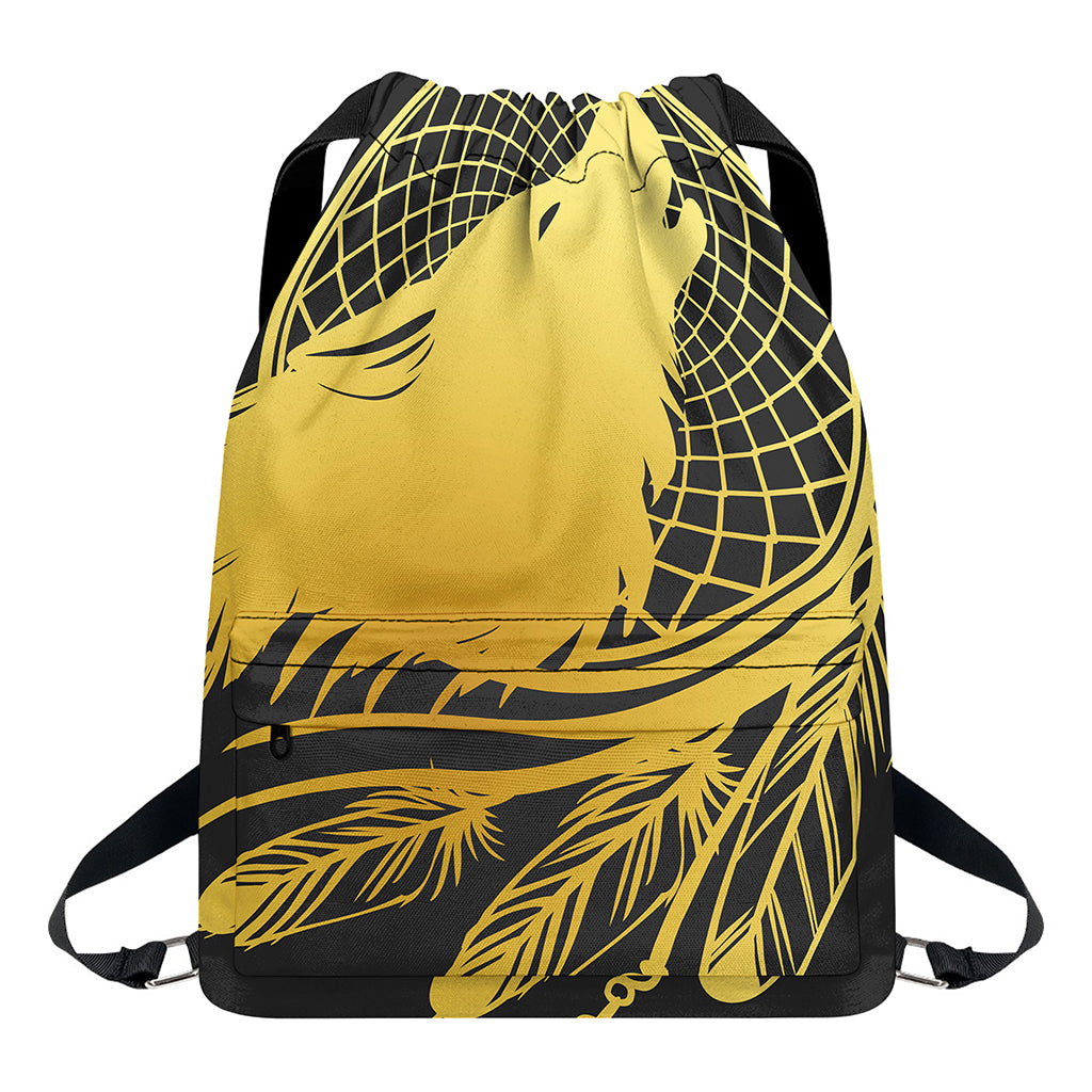 Golden Bohemian Howling Wolf Print Drawstring Backpack
