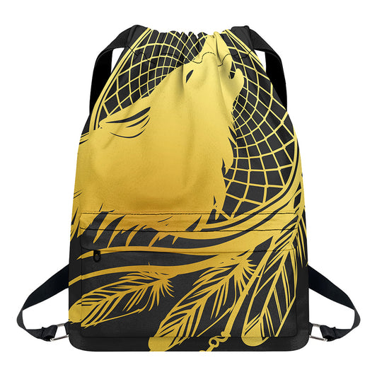 Golden Bohemian Howling Wolf Print Drawstring Backpack